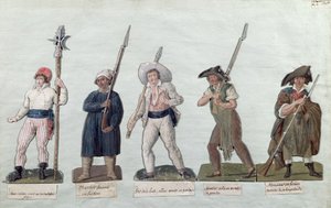 Een Sans Culotte met zijn piek, een voerman, een marktportier, een schoenmaker en een timmerman